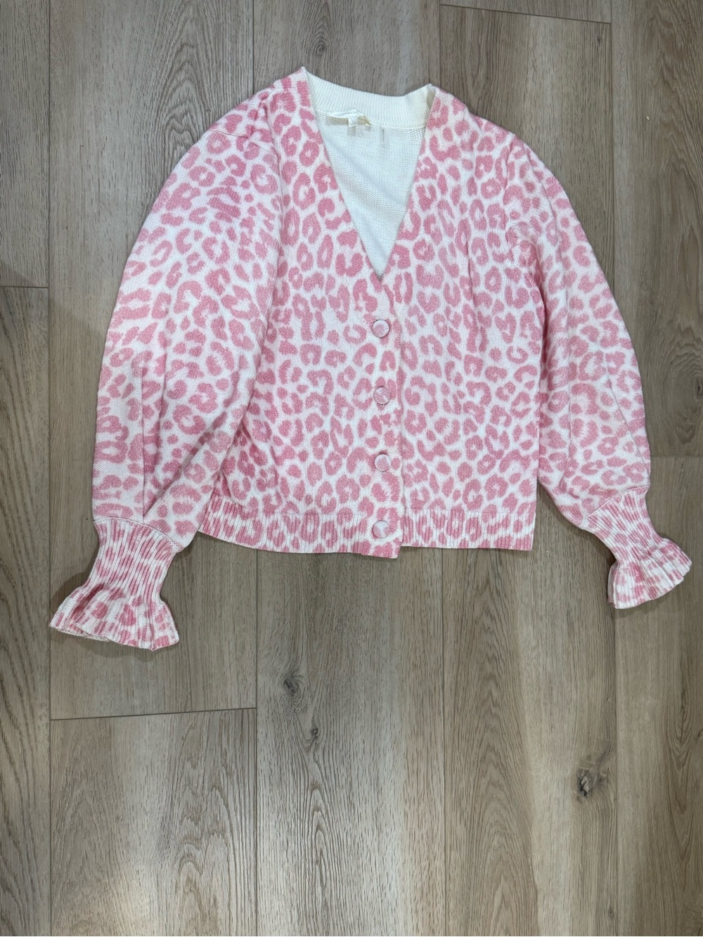 LoveShackFancy Pink and Cream Leopard Print Cardigan Sweater